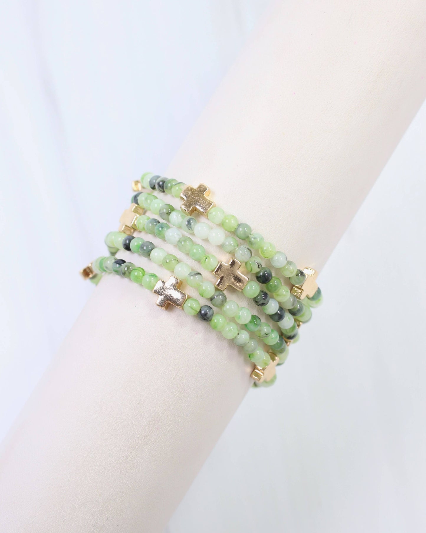 Flint Beaded Cross Stretch Bracelet Set Green: Default