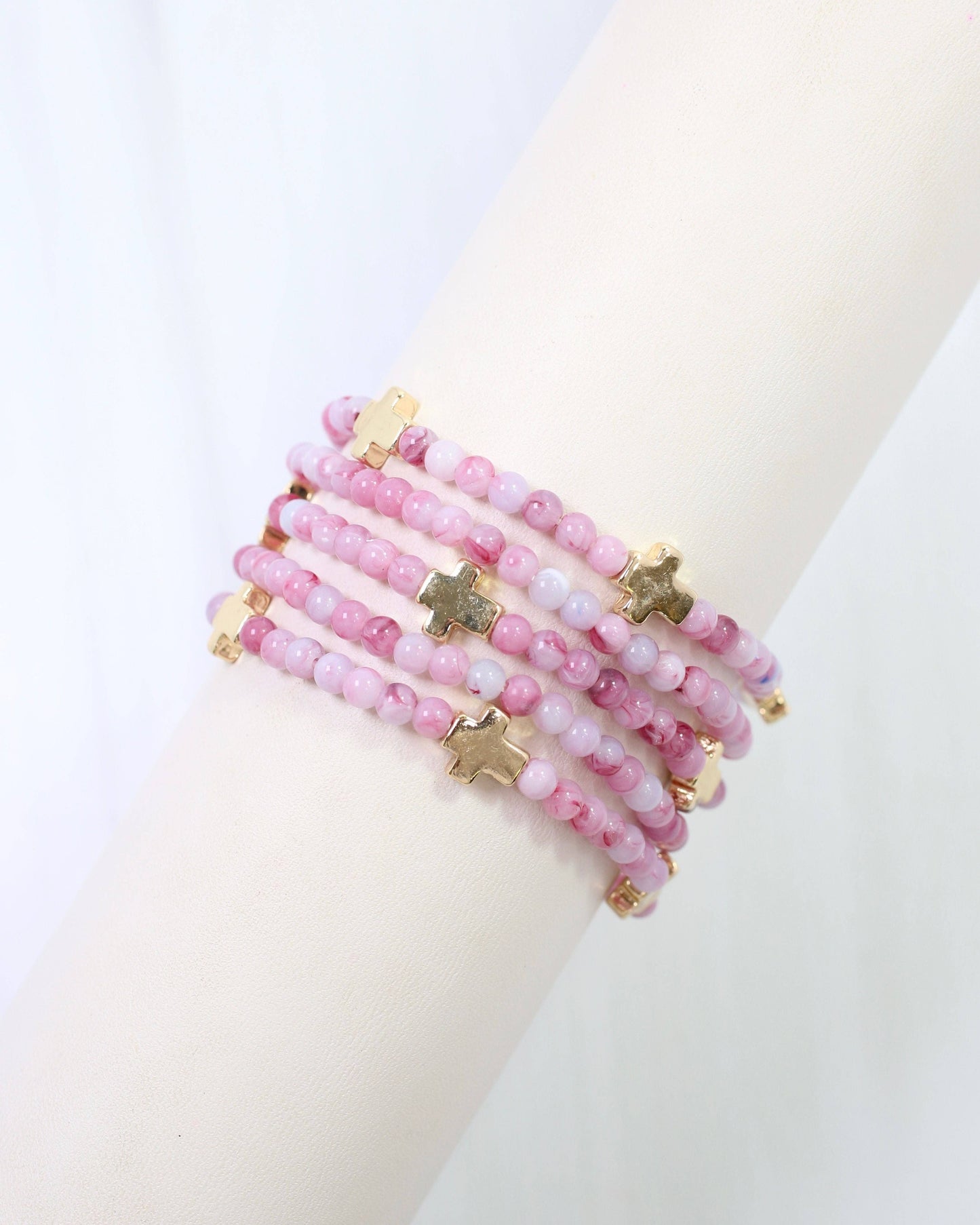 Flint Beaded Cross Stretch Bracelet Set Pink: Default