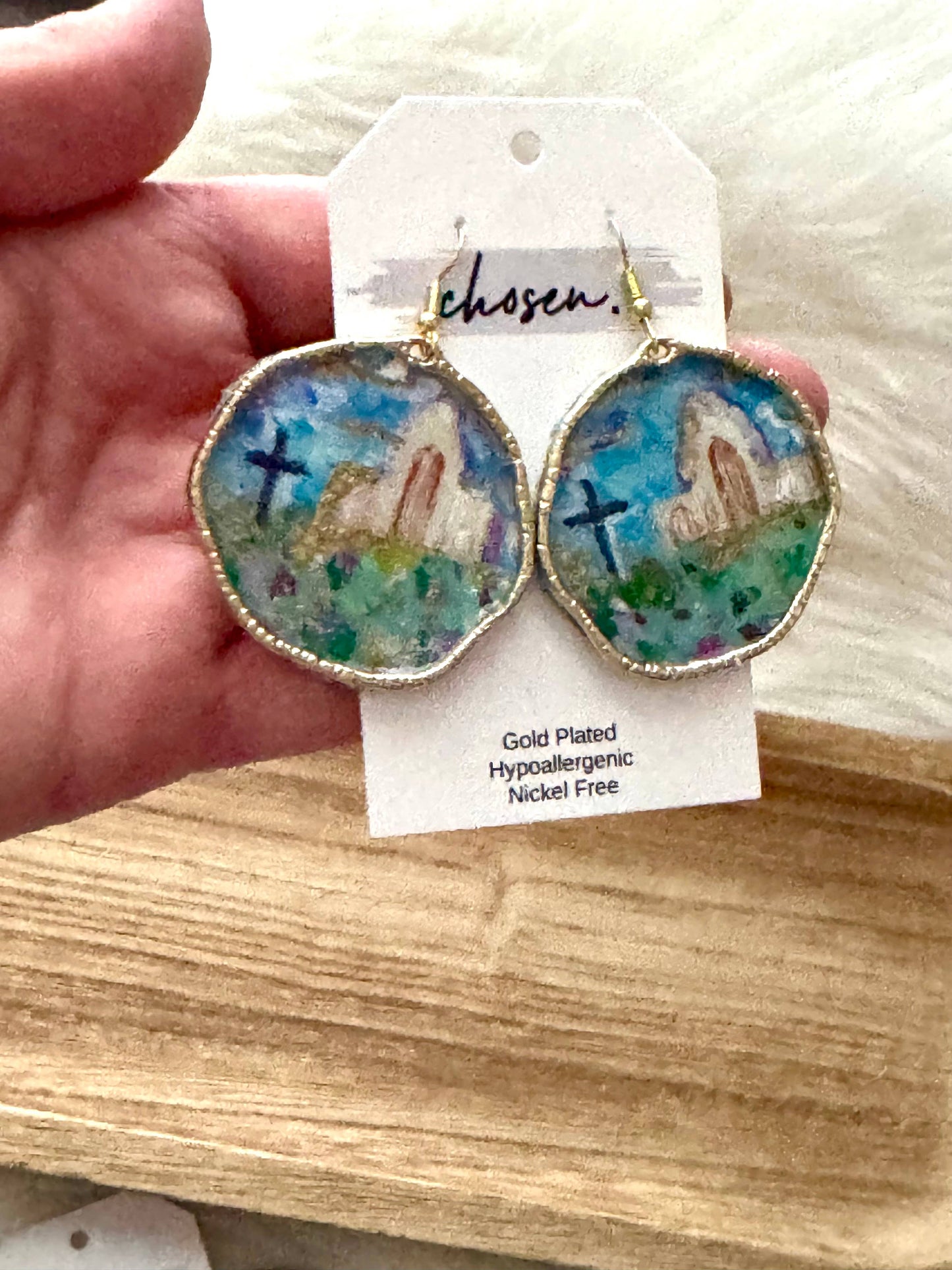 Easter Sunday Hand Painted Leather Earrings: Sterling Silver plated hooks and frames