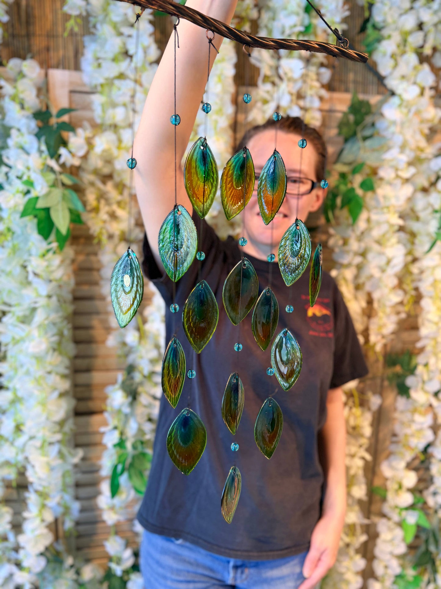 Glass Peacock Tail Feather Wind Chime