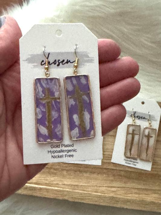 Cross Hand Painted Leather Gold Plated Earrings: Purple with gold plated earring hooks and frames