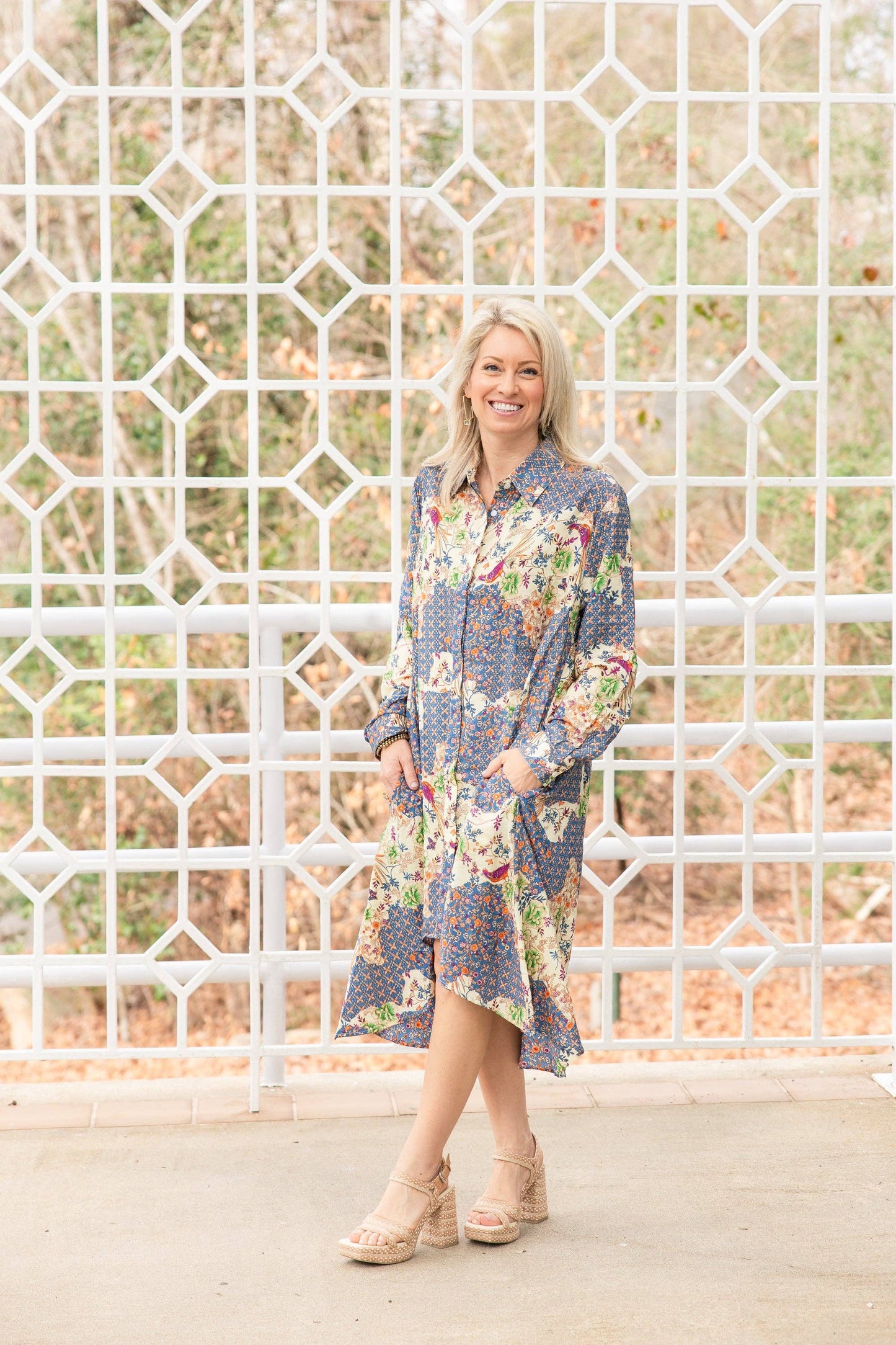 Blue Birds Silk Shirt High Low Shirt Dress