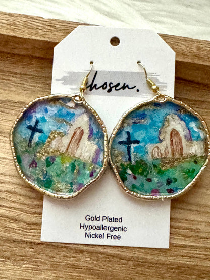 Easter Sunday Hand Painted Leather Earrings: Sterling Silver plated hooks and frames