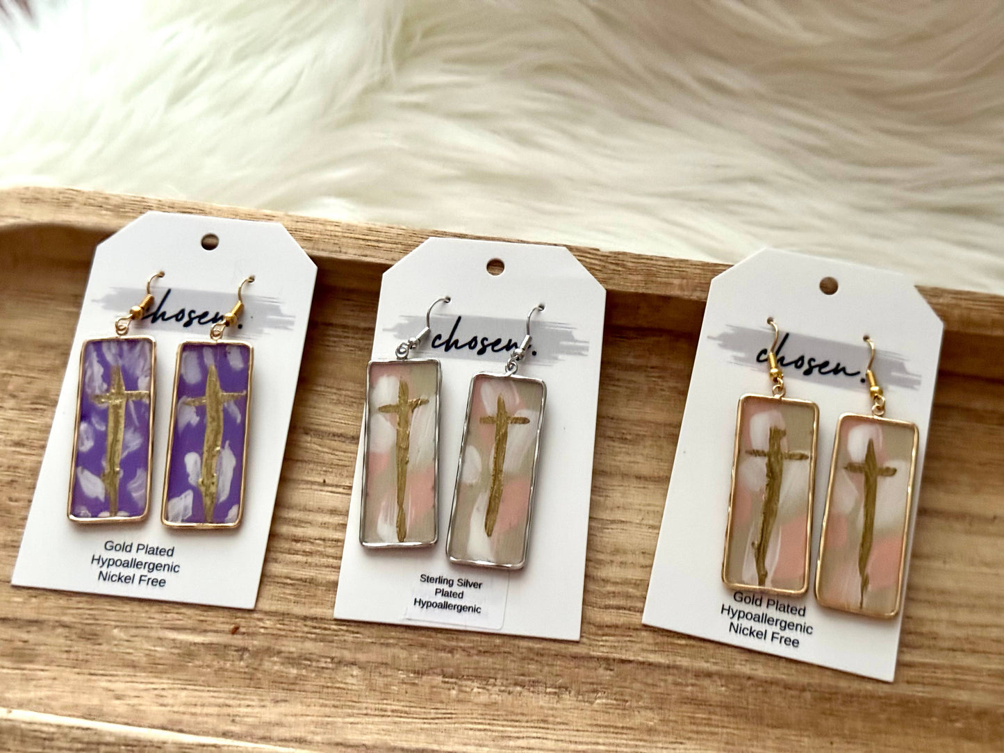 Cross Hand Painted Leather Gold Plated Earrings: Purple with gold plated earring hooks and frames