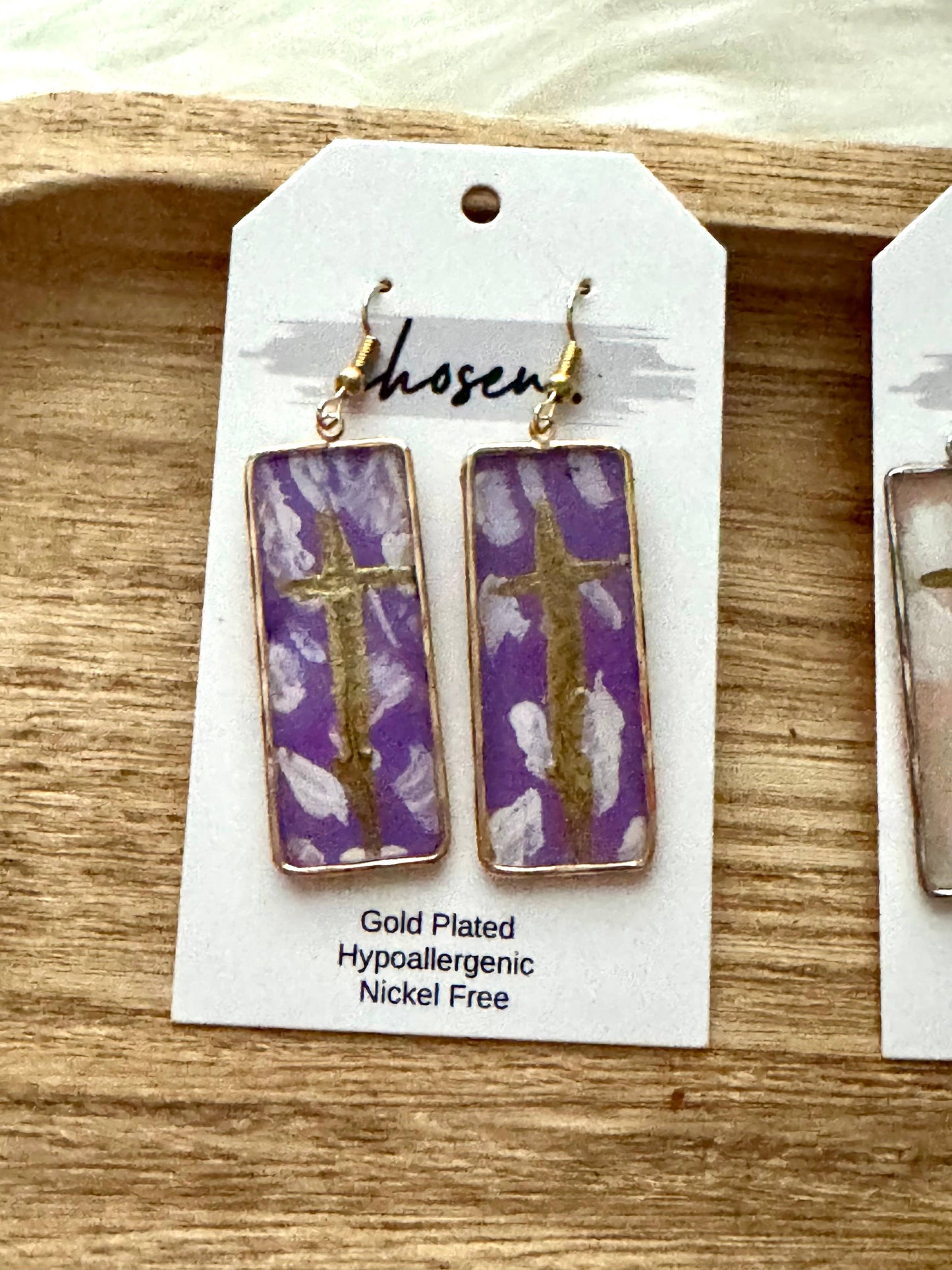 Cross Hand Painted Leather Gold Plated Earrings: Purple with gold plated earring hooks and frames